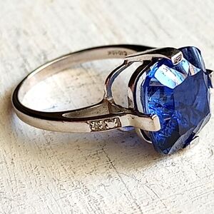 10k White Gold, Blue Gemstone & Diamond Ring